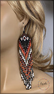 Indigenous Handmade Seed Bead Black Red Peach Long Fringe Earrings