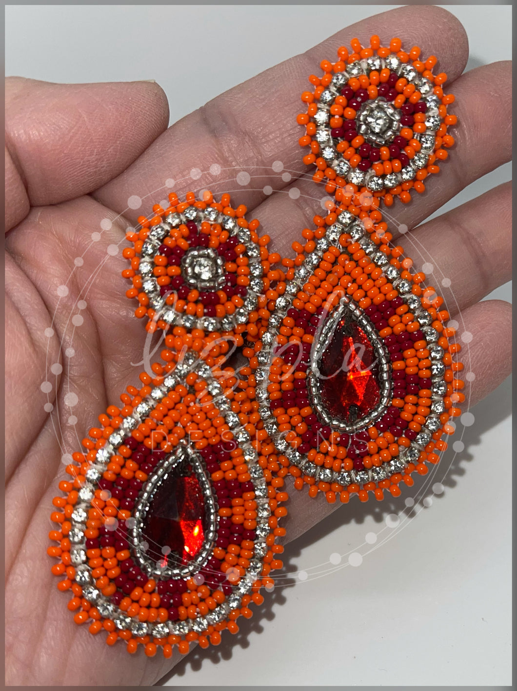 Indigenous Handmade Orange Maroon Color Seed Bead Teardrop Post Earrings