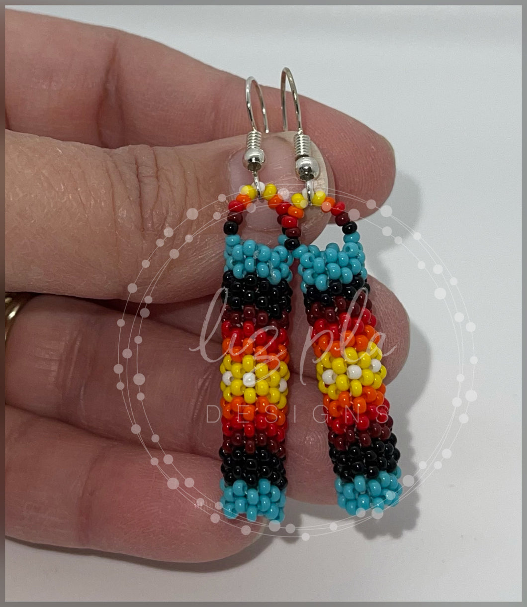 Indigenous Handmade Turquoise Blue and Fire Dangle Tube Earrings Sterling Silver