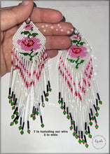 Load image into Gallery viewer, Indigenous Sterling Silver White Fringed Earrings with Pink Rose - 3 Colors
