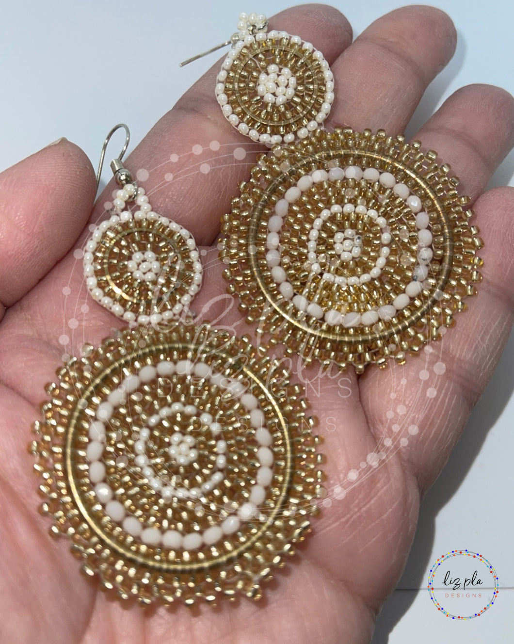 Indigenous Gold and White Double Circle Handmade Dangle Earrings Sterling Silver