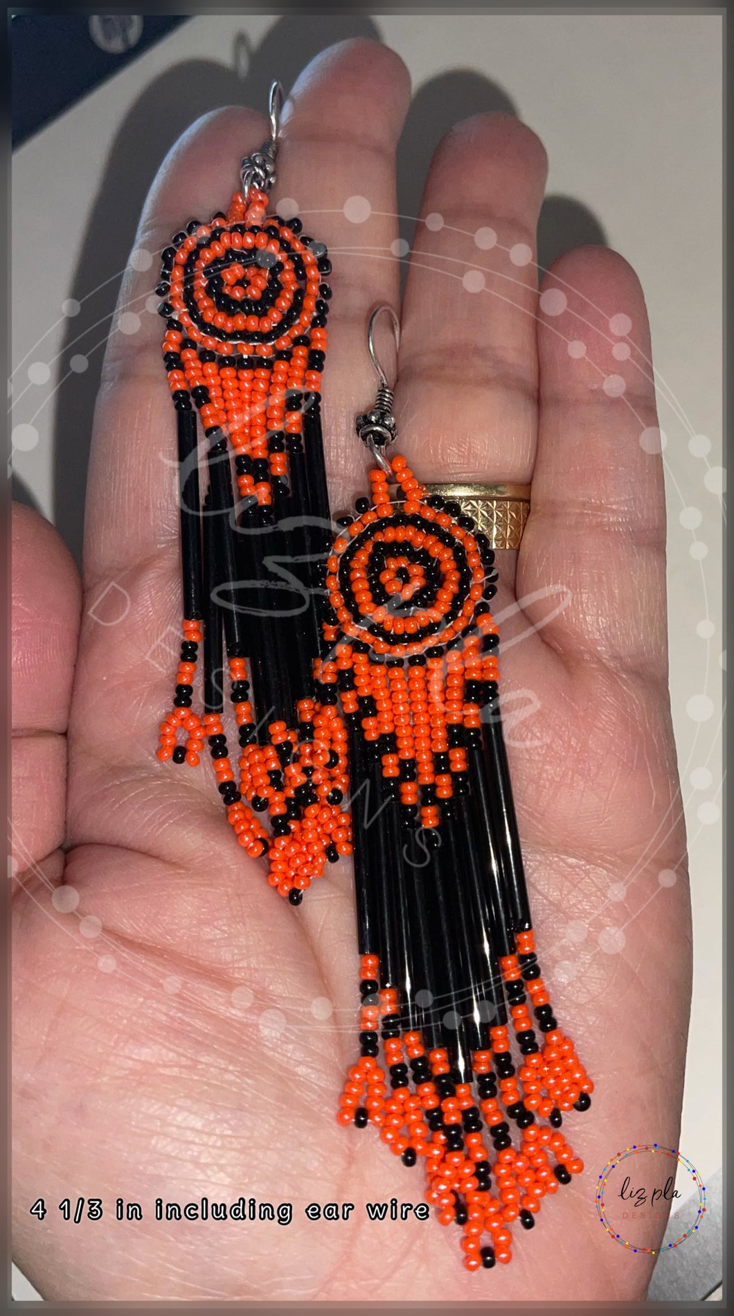 Indigenous Orange and Black Seed Bead Fringed Earrings Sterling Silver