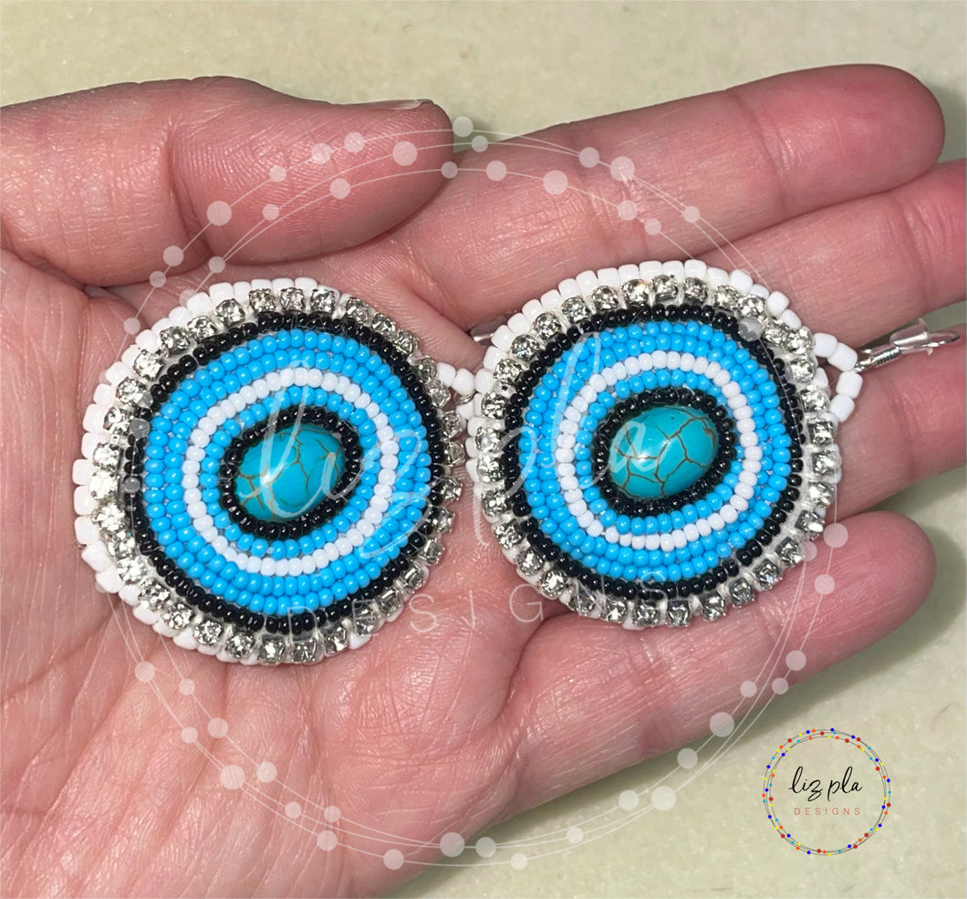 Indigenous Handmade Round Turquoise Blue with White Seed Bead Earrings Sterling Silver