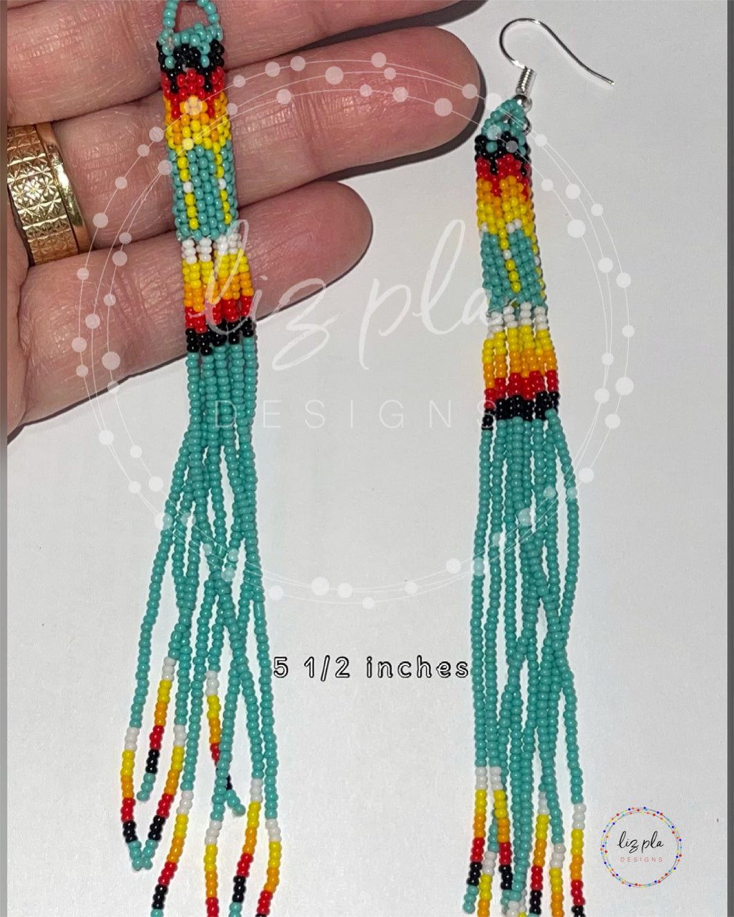 Indigenous Turquoise Green Extra Long Seed Bead Fringe Earrings Sterling Silver